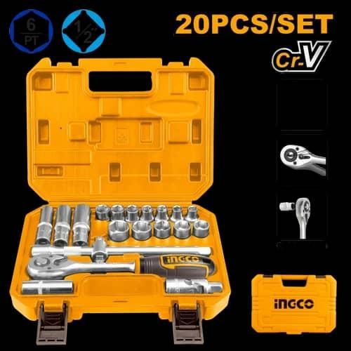 INGCO HKTS12201 20-Piece 1/2" Socket Set With Ratchet Handle - Silver