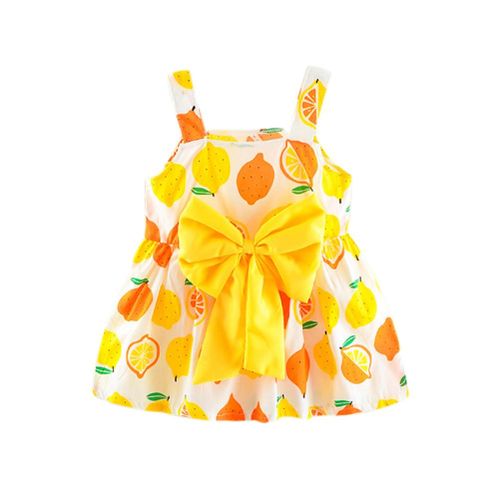 Kids Girls Summer Dress Lemon Print Strappy Bowknot Sleeveless Candy Color Dresses New,90cm NO5114