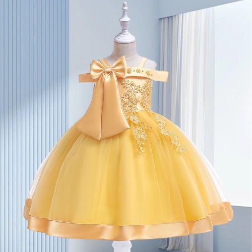 Fashion Flower Girls Dress Flower Embroidery Sleeveless Tulle Dress with Bow for Formal Pegeant Dance Gown NO5147