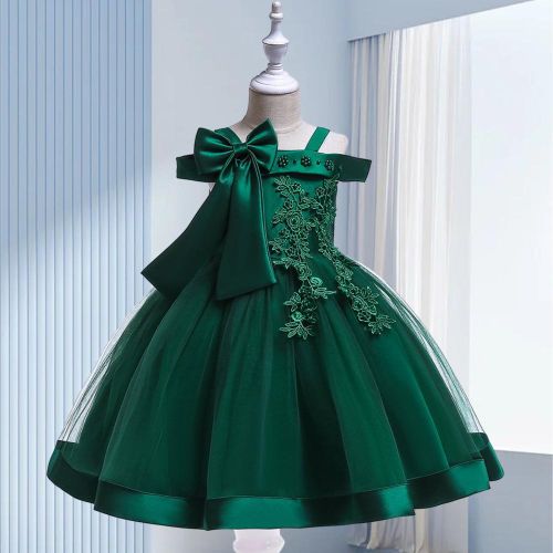 Fashion Flower Girls Dress Flower Embroidery Sleeveless Tulle Dress with Bow for Formal Pegeant Dance Gown NO5147