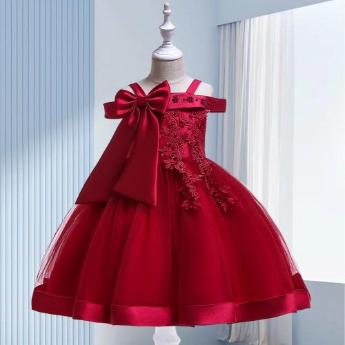 Fashion Flower Girls Dress Flower Embroidery Sleeveless Tulle Dress with Bow for Formal Pegeant Dance Gown NO5147