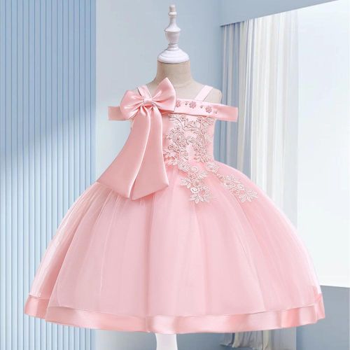 Fashion Flower Girls Dress Flower Embroidery Sleeveless Tulle Dress with Bow for Formal Pegeant Dance Gown NO5147