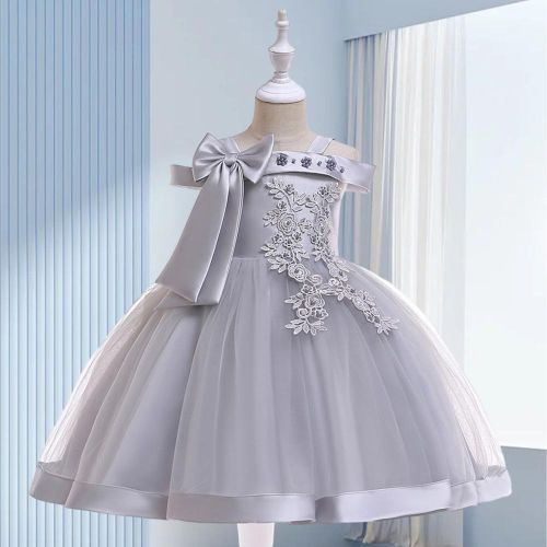 Fashion Flower Girls Dress Flower Embroidery Sleeveless Tulle Dress with Bow for Formal Pegeant Dance Gown NO5147