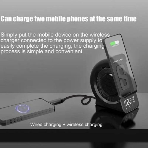 3-In-1 Wireless Charging Charger Bluetooth -Compitible Speaker Clock Support TF Card Phone Holder Double Coil Induction Design for Bedside