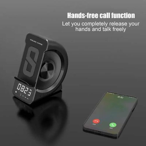 3-In-1 Wireless Charging Charger Bluetooth -Compitible Speaker Clock Support TF Card Phone Holder Double Coil Induction Design for Bedside