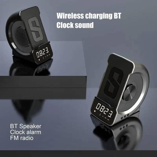3-In-1 Wireless Charging Charger Bluetooth -Compitible Speaker Clock Support TF Card Phone Holder Double Coil Induction Design for Bedside