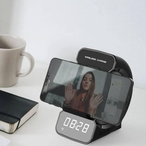 3-In-1 Wireless Charging Charger Bluetooth -Compitible Speaker Clock Support TF Card Phone Holder Double Coil Induction Design for Bedside
