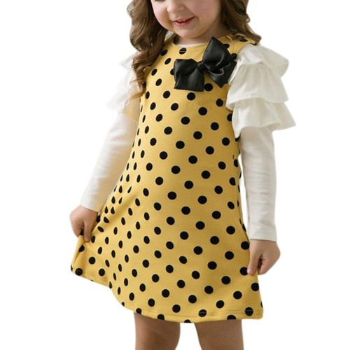 Baby Girls Kids Summer Dress Polka Dots Bowknot Long Sleeves Round Neck Dresses New,110 NO5115