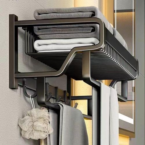 Black Towel Rack Wall Mounted No Drill and Screw Mounting with Foldable Storage Shelf, Bathroom Bath Shower Length 24 inch Double Towel Rod with Shelf Hotel Towel Rack