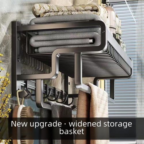 Black Towel Rack Wall Mounted No Drill and Screw Mounting with Foldable Storage Shelf, Bathroom Bath Shower Length 24 inch Double Towel Rod with Shelf Hotel Towel Rack