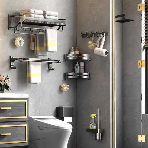 Black Towel Rack Wall Mounted No Drill and Screw Mounting with Foldable Storage Shelf, Bathroom Bath Shower Length 24 inch Double Towel Rod with Shelf Hotel Towel Rack