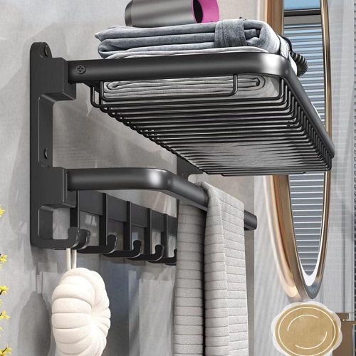 Black Towel Rack Wall Mounted No Drill and Screw Mounting with Foldable Storage Shelf, Bathroom Bath Shower Length 24 inch Double Towel Rod with Shelf Hotel Towel Rack