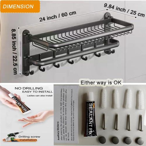Black Towel Rack Wall Mounted No Drill and Screw Mounting with Foldable Storage Shelf, Bathroom Bath Shower Length 24 inch Double Towel Rod with Shelf Hotel Towel Rack