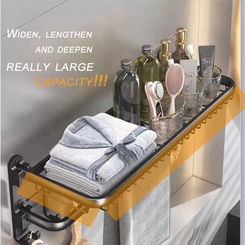 Black Towel Rack Wall Mounted No Drill and Screw Mounting with Foldable Storage Shelf, Bathroom Bath Shower Length 24 inch Double Towel Rod with Shelf Hotel Towel Rack
