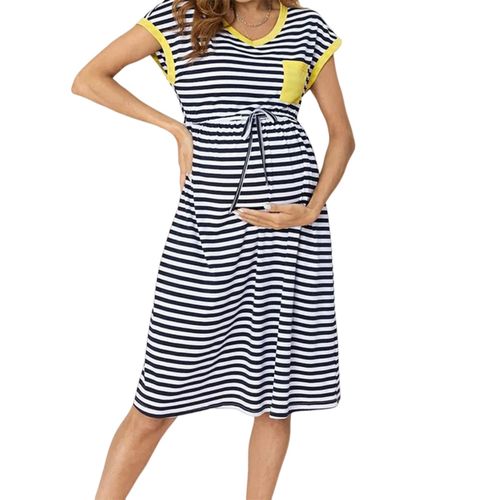 Women's Pregnancy Loose Skirt Short-Sleeved Round Neck Loose Dress for Pregnant,Stripe,M NO5112