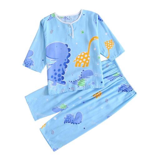 Children's Long-Sleeved Pajamas Suit Cartoon Printed Thin Sleepwear Set Comfortable Spring Summer Clothes for Boy Girl New,Light Blue,Dinosaur NO5119