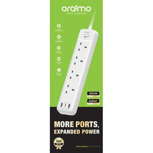 Oraimo 4AC Power Socket Wire Outlets 3 USB Ports Extension Socket Cord For Home And Office Use - OWS-U351- White