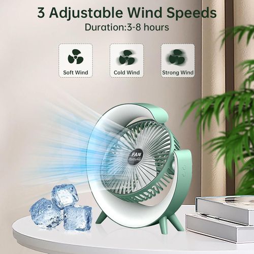 Desk Fan - USB Desk Fan Silent Powerful, Desk Fans with LED Light, 3 Speeds Quiet Cooling & 180° Rotation, 4000 mAh Battery Rechargeable Colorful Desktop Fan for Bedroom Home Office, Green