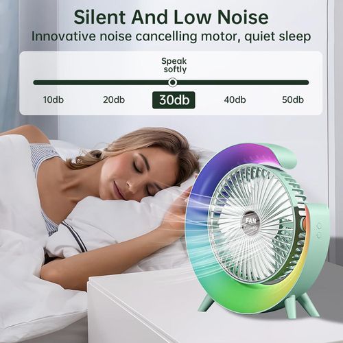 Desk Fan - USB Desk Fan Silent Powerful, Desk Fans with LED Light, 3 Speeds Quiet Cooling & 180° Rotation, 4000 mAh Battery Rechargeable Colorful Desktop Fan for Bedroom Home Office, Green