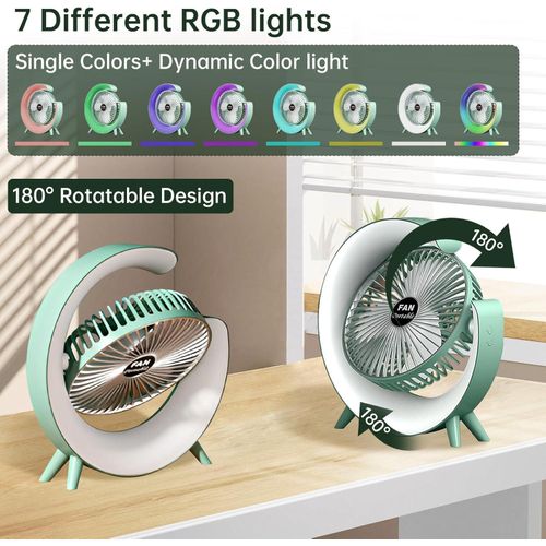 Desk Fan - USB Desk Fan Silent Powerful, Desk Fans with LED Light, 3 Speeds Quiet Cooling & 180° Rotation, 4000 mAh Battery Rechargeable Colorful Desktop Fan for Bedroom Home Office, Green