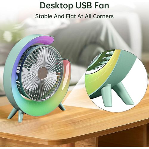 Desk Fan - USB Desk Fan Silent Powerful, Desk Fans with LED Light, 3 Speeds Quiet Cooling & 180° Rotation, 4000 mAh Battery Rechargeable Colorful Desktop Fan for Bedroom Home Office, Green
