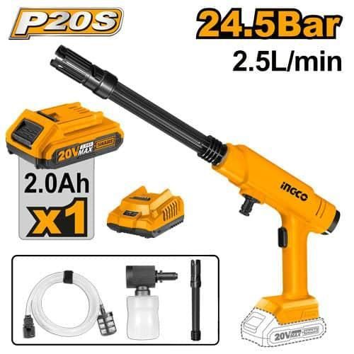 INGCO CPWLI20282 20V Lithium-Ion Pressure Washer - 24.5Bar Max Pressure, 2.5L/min Flow Rate, Auto Stop System - Black/Orange