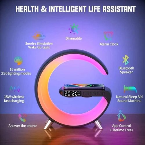 Intelligent Bluetooth Speaker Wireless Cellphone Charger Stand LED Lamp, Multifunctional RGB Night Light Table Alarm Clock Speaker & Fast Charging Station, Bedside Lamp LED Night