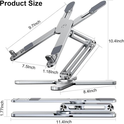 Adjustable Laptop Stand with 360 Rotating Base, Aluminum Laptop Riser for Desk Foldable, Ergonomic Notebook Stand Holder Compatible with iPad and MacBook/All Laptops up to 16 inches - Silver