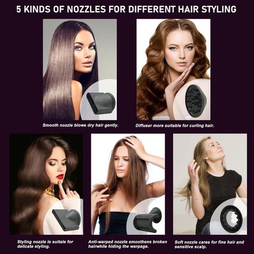 Hair Dryer with Diffuser, Negative Ionic Blow Dryer with 110, 000 RPM Brushless Motor, High-Speed Thermo-Control Hairdryer with Magnetic Nozzles, Perfect for Home, Travel (Gray)