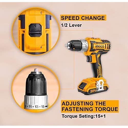 INGCO Lithium-Ion Cordless Electric Drill 20V with Battery Pack - Yellow