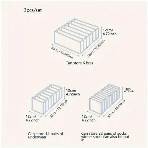 3Pcs Underwear Drawer Organizer Set Foldable Sock Bra Underpants Organizer Drawer Divider, Washable Closet Cabinet Storage Boxes for Clothes, Socks, Ties and Underwear Bras