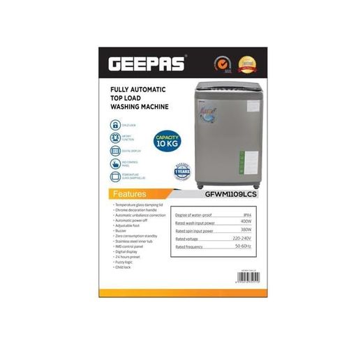 Geepas Fully Automatic Top Loader Washing Machine 10kg, Auto-Imbalance, Gentle Fabric Care, Fuzzy Logic, Child Lock, Stainless Steel Drum -