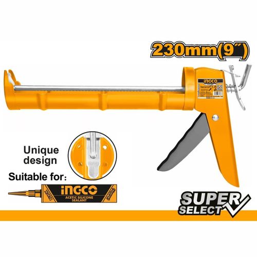 INGCO 9"/230mm Industrial Grade Caulking Silicon Sealant Gun 9" &Oslash;51mm w/ Teeth HCG1809 ING-HT - Orange & Silver
