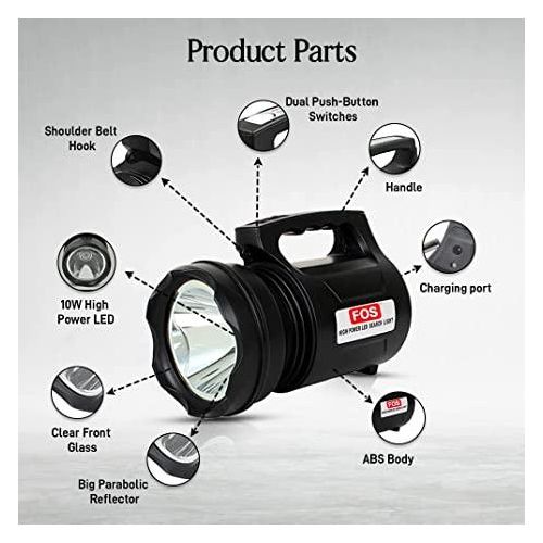 LED Search Light 10W with Lithium Battery Dual Charging 220V AC & 12V DC Solar - Rechargeable Handheld Torch