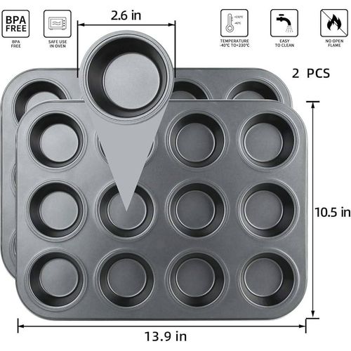 Muffin Pan, 12 Cupcake Pan, 2 Sets of Nonstick Brownie Bakeware Muffin Tin, Cupcake Tray-Color Black