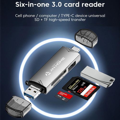 SD Card Reader USB C 6 in 1 OTG Memory Adapter Connector USB 3.0 USB C Micro USB Supports SD/MicroSD/SDXC/SDHC/MMC/RS-MMC/UHS-I Compatible with MacBook iPad Pro, Android Phone, PC, Laptop etc