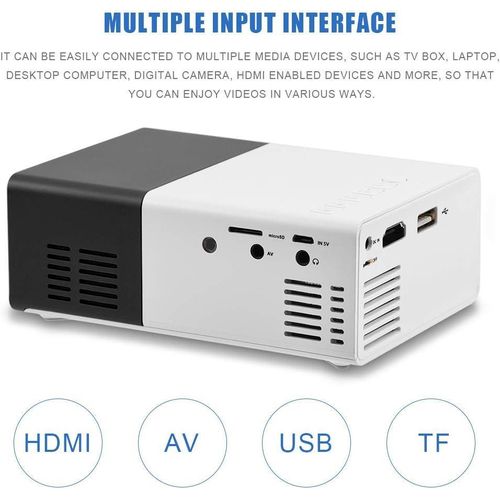 Mini Projector, Built-in Stereo Speaker Portable Multi-media Home Theater Projector with HDMI/AV/USB Interface 320x240 Resolution(Black-White)