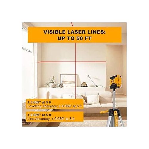 INGCO 50 Feet Laser Level Self-Leveling Horizontal and Vertical Cross-Line Red Beam Lazer Leveler tool for Indoor Construction Picture Hanging Wall Writing - Orange