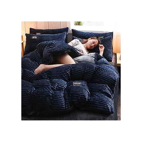 4PC Coral Velvet Duvet Set(Navy Blue)-1 Bedsheet,2 Pillowcases And 1 Duvet (5*6)
