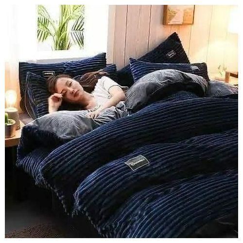 4PC Coral Velvet Duvet Set(Navy Blue)-1 Bedsheet,2 Pillowcases And 1 Duvet (5*6)