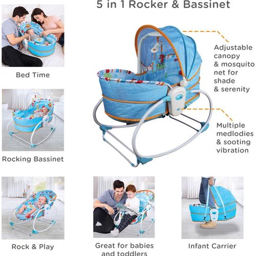 Mastela 5 in 1 Baby Bassinet Rocker Rocking Napper, Bounce, Chair with Removable Baby & Melody (Blue)