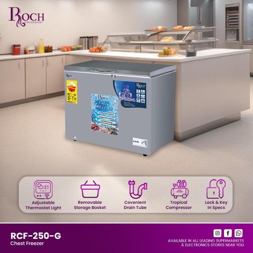 Roch 250 Litres Defrost Deep / Chest Freezer RCF-250(Sliding Glass) - Grey.