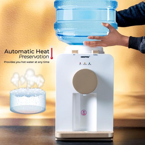 Geepas Hot And Warm Normal Water Dispenser, Normal and Hot, Two Taps Counter Top -White