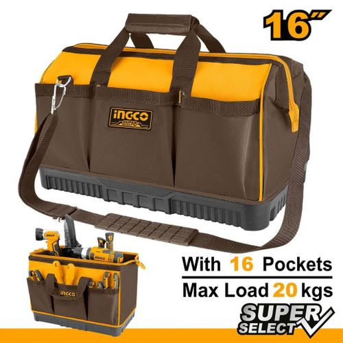 INGCO 16" Inch Tool Bag With 16 Pockets Multi-Functional Hand Tool Storage Organizer - Dark Brown