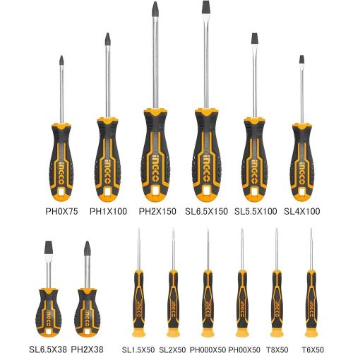 INGCO 14 Pcs Screw Driver Tool Set And Precision Screwdriver Set - Black, Orange