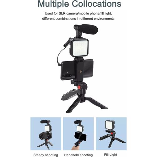 Tripod for DSLR Camera Operating Height Video Recording Vlogging Kit for Video Making, Mic, Mini Tripod Stand, LED Light & Phone Holder Clip for Podcasting With Microphone and And Light For Live Broadcast