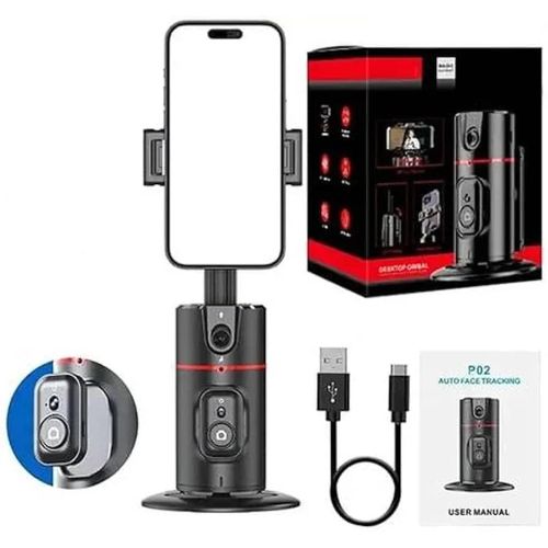 P02 AI Intelligent Tracker 360&deg; Rotating Auto Face Tracking Phone Mount Stand with Fill Light Smart Rotation Desktop Selfie Gimbal Stabilizer for Smartphone Tripod for TikTok Live Streaming & Vlog, Smart Shooting Camera Mount for iPhone,No App Required