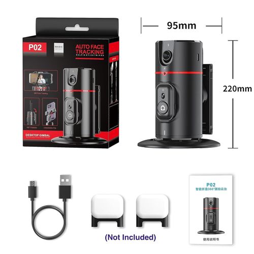 P02 AI Intelligent Tracker 360° Rotating Auto Face Tracking Phone Mount Stand with Fill Light Smart Rotation Desktop Selfie Gimbal Stabilizer for Smartphone Tripod for TikTok Live Streaming & Vlog, Smart Shooting Camera Mount for iPhone,No App Required