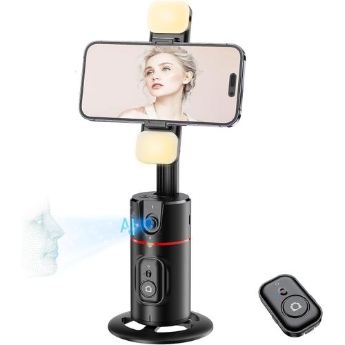 P02 AI Intelligent Tracker 360° Rotating Auto Face Tracking Phone Mount Stand with Fill Light Smart Rotation Desktop Selfie Gimbal Stabilizer for Smartphone Tripod for TikTok Live Streaming & Vlog, Smart Shooting Camera Mount for iPhone,No App Required