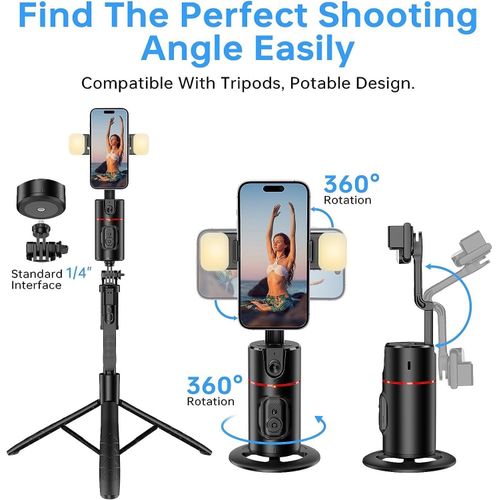 P02 AI Intelligent Tracker 360° Rotating Auto Face Tracking Phone Mount Stand with Fill Light Smart Rotation Desktop Selfie Gimbal Stabilizer for Smartphone Tripod for TikTok Live Streaming & Vlog, Smart Shooting Camera Mount for iPhone,No App Required